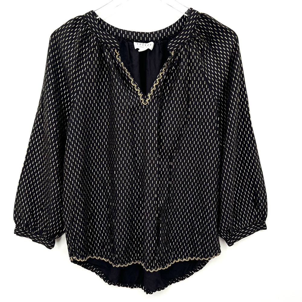 Velvet by Graham‎ & Spencer Milla Peasant Blouse Size M Beaded Gold Printed Top
